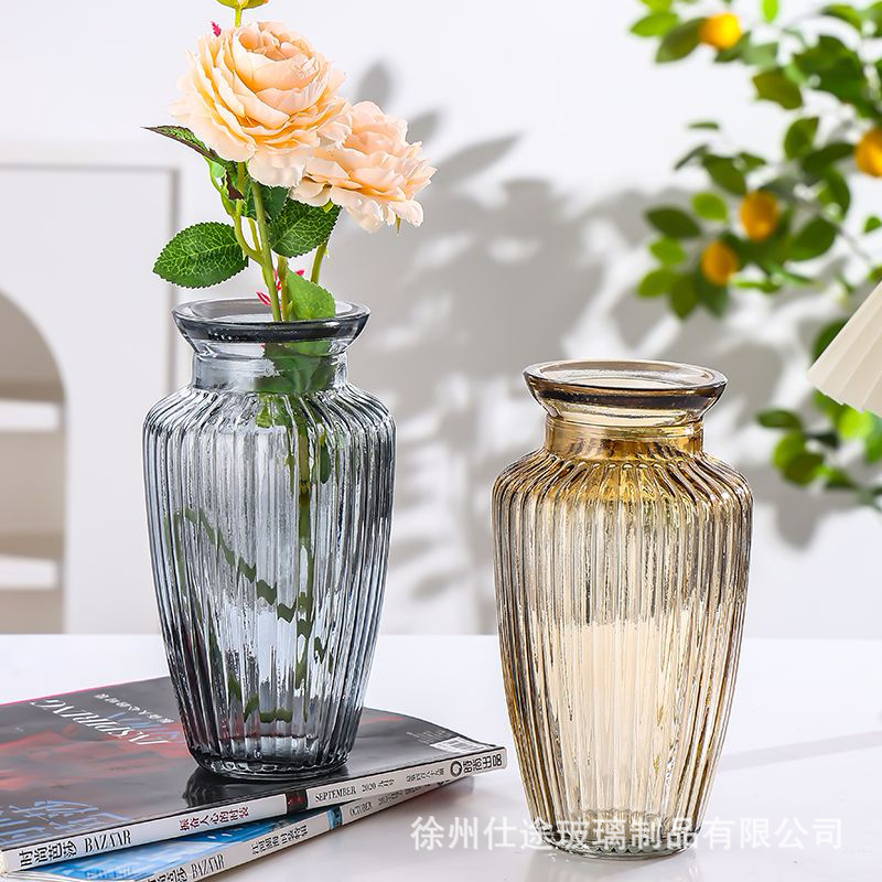 新款玻璃花瓶装饰透明家居敞口竖条客厅水培鲜花桌面彩色摆件批发