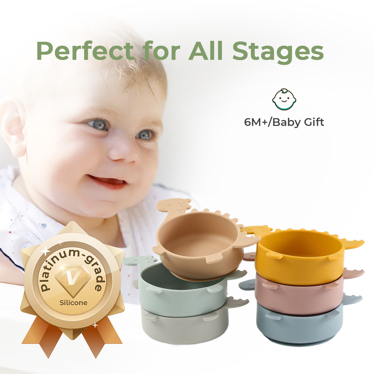 Dinosaur Bowl, baby food bowl, infant and toddler products, food-grade silicone, home, kindergarten meal training, baby food plate Specification drawing