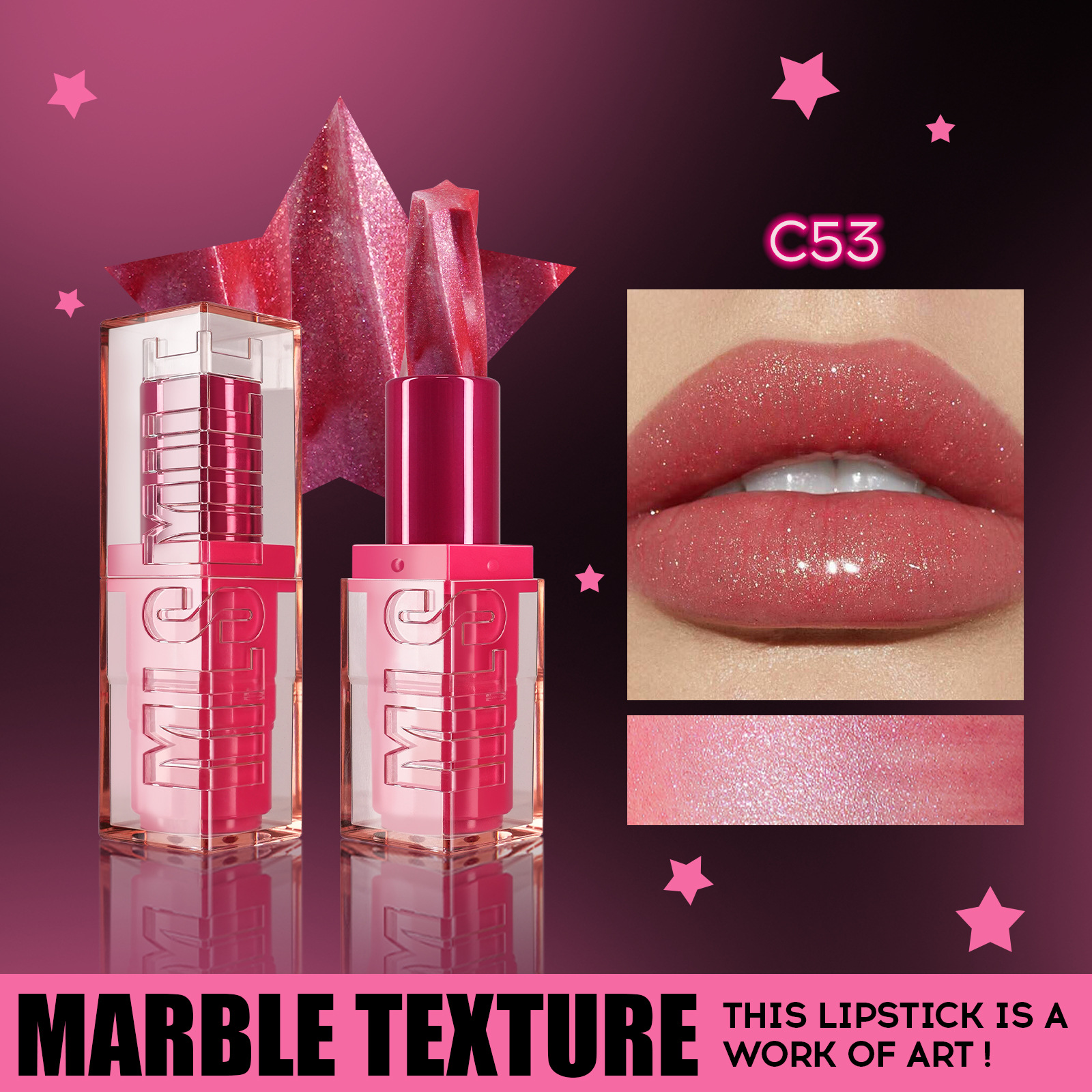 Four-color glittering five-pointed star spiral waterproof glitter cream luxurious lipstick, fashionable moisturizing and easy to apply lip gloss