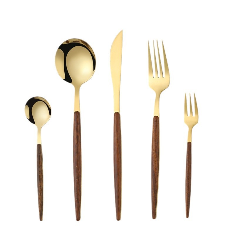 Cross-border best-selling stainless steel tableware with wood-like handles, wood-grain Portuguese gold knives, forks and spoons, steak knives and forks, coffee spoons and forks Application Scenario