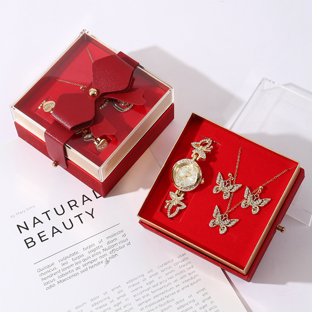 Cross-border women's full-diamond watch, earrings and necklace set, a niche high-end light luxury diamond-encrusted jewelry set for women in stock details Picture