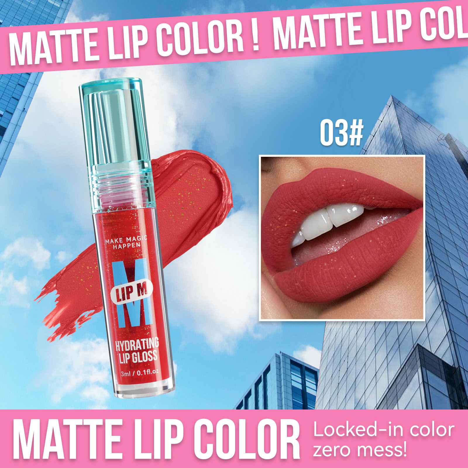The small blue bottle, non-stick cup, transparent glitter lip gloss, sexy nude color, six-color pearlescent, waterproof and long-lasting film formation Item Picture