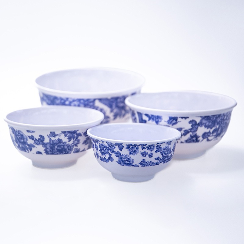 Cross-border imitation porcelain creative blue and white porcelain pattern round melamine tableware plate, cold dish plate, plate, hot pot plate, hotel round plate details Picture
