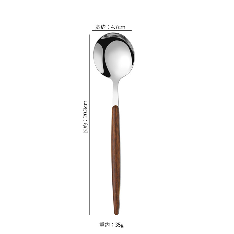 Cross-border best-selling stainless steel tableware with wood-like handles, wood-grain Portuguese gold knives, forks and spoons, steak knives and forks, coffee spoons and forks Item Picture