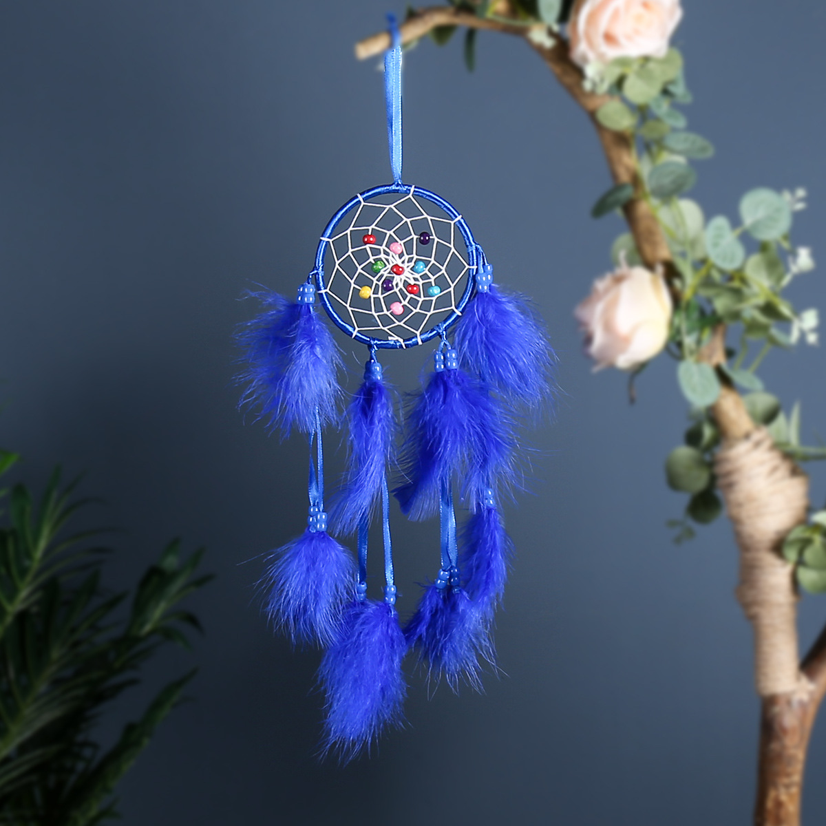 复古式捕梦网挂件蓝色羽毛捕梦网挂饰跨境热卖捕梦网挂件壁挂壁饰