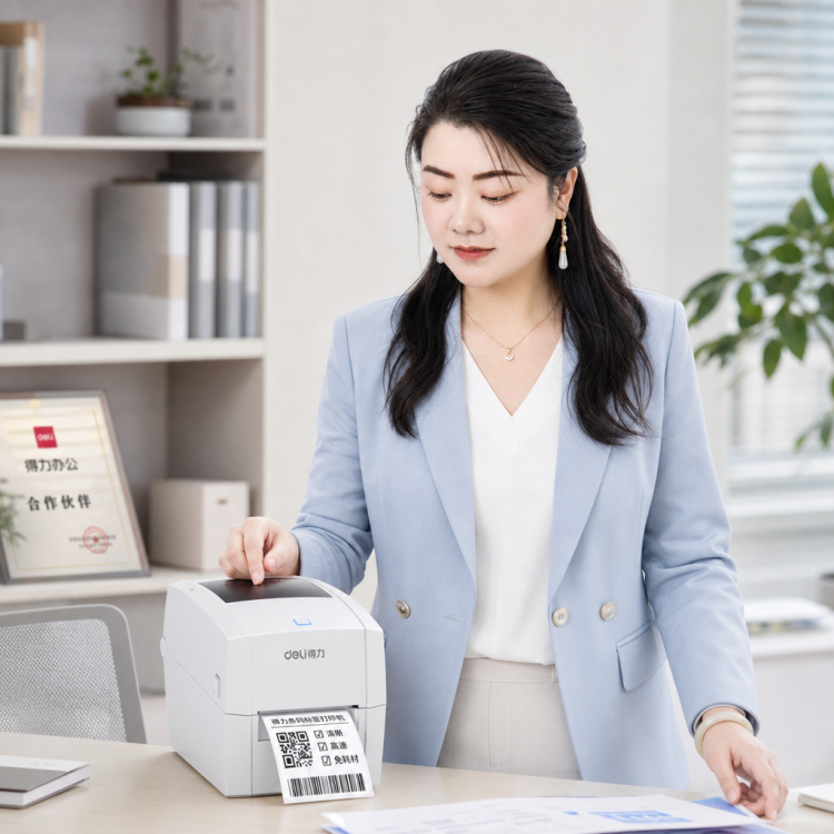 Deli barcode express waybill printer, ribbon free, ink-free, high-speed instant printing, white and gray desktop thermal printer