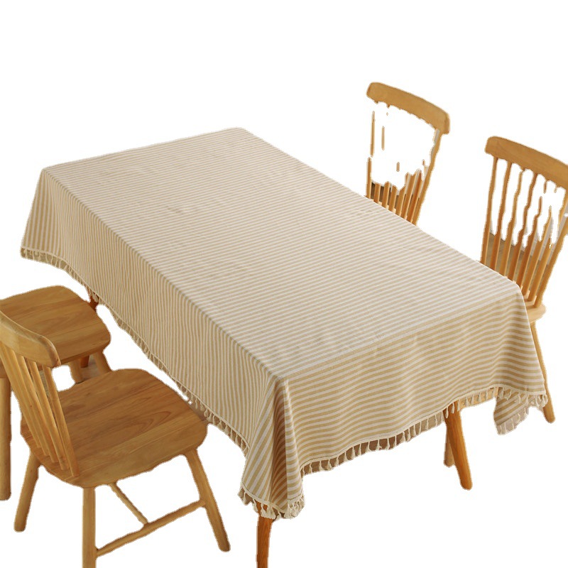 Japanese-style polyester-cotton simple striped plain tassel lace colored woven rectangular tablecloth, coffee table and tablecloth factory wholesale Application Scenario