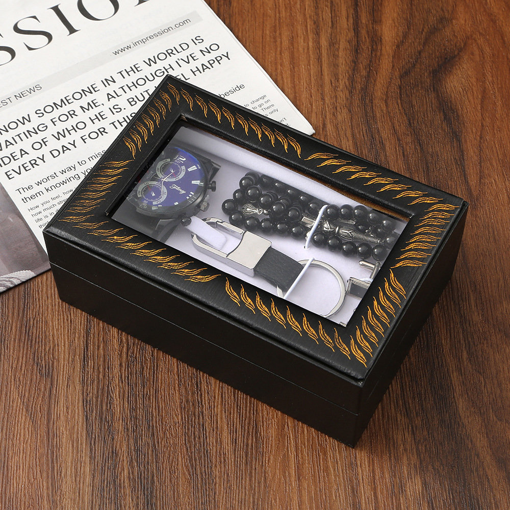 Cross-border Valentine's Day high-end gift business gift box, wooden box, flip cover watch, keychain gift set, men's gift box Specification image
