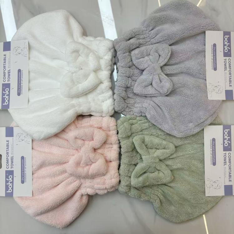 Solid-color shower cap, large bow princess cap, hair drying and washing cap, water-absorbing quick-drying hair cap Item Picture