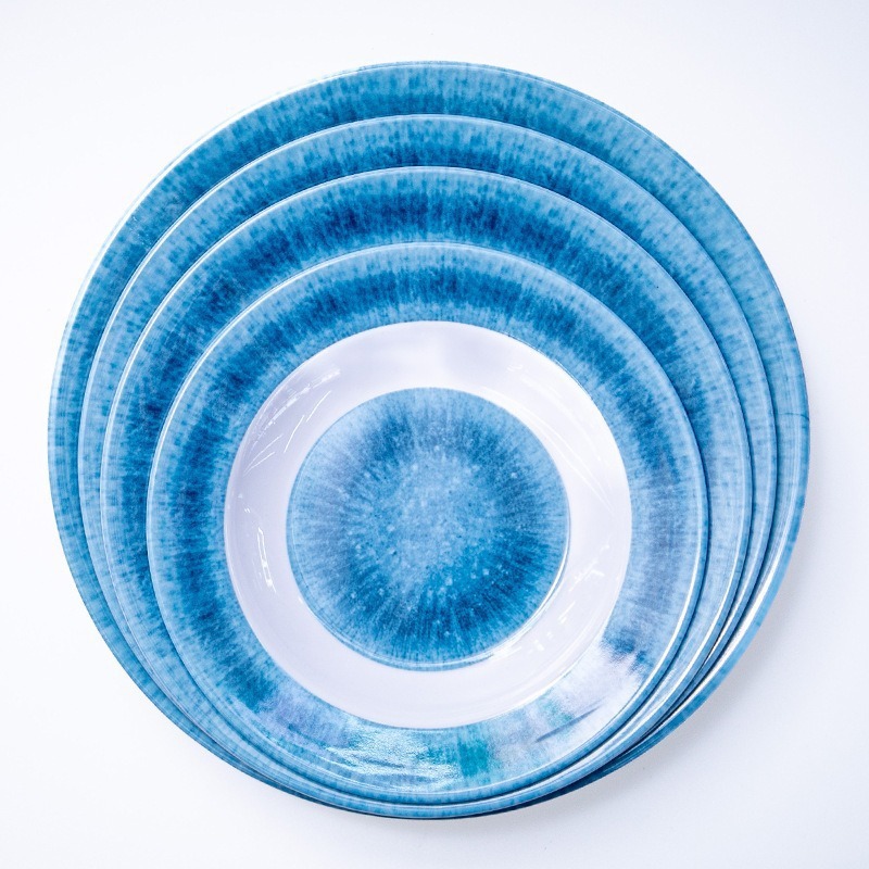 跨境密胺餐具蓝色骨碟自助快餐圆盘防摔圆形碟子仿瓷炒菜盘子