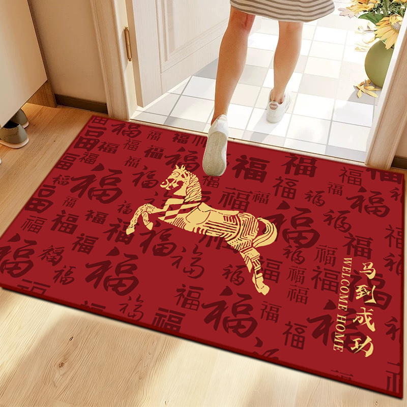 Red entrance door mat for the Year of the Horse, festive, dust-proof and wear-resistant floor mat, carpet and pile for the entrance hall and the main gate Item Picture