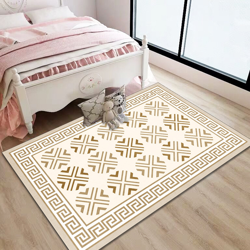 The Red Sun Nordic minimalist faux cashmere bedroom carpet is fully laid in the living room, with a coffee table and floor mat. It is a solid-color home bedside blanket details Picture