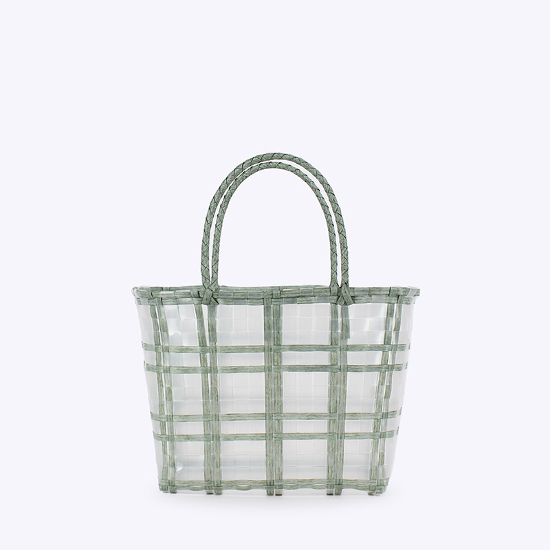 新款夏日森系格子条纹手拎菜篮子透明防水塑料沙滩手工编织包中号