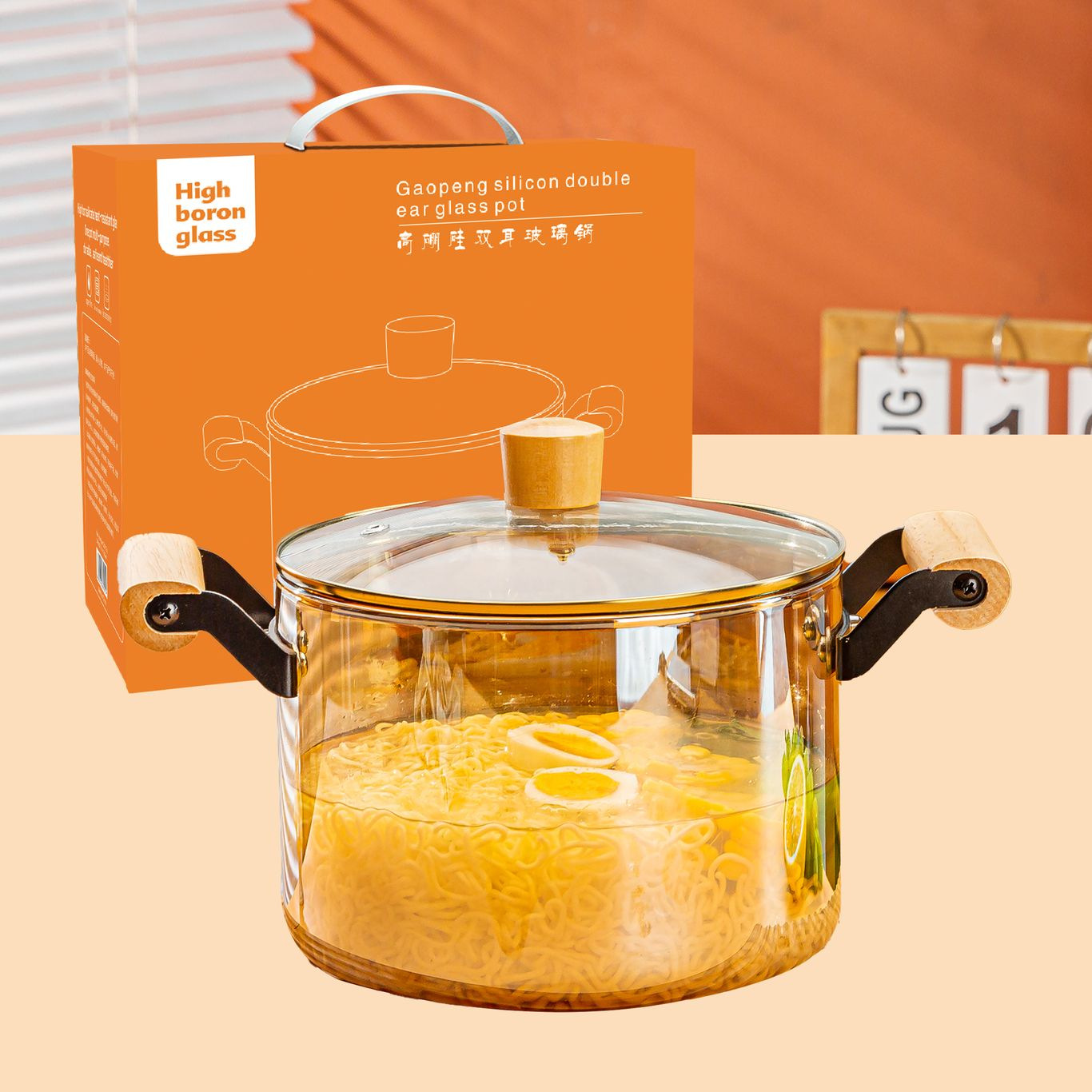 High-temperature resistant transparent double-ear glass pot, high borosilicate soup pot, instant noodle pot with lid, household promotional gift details Picture