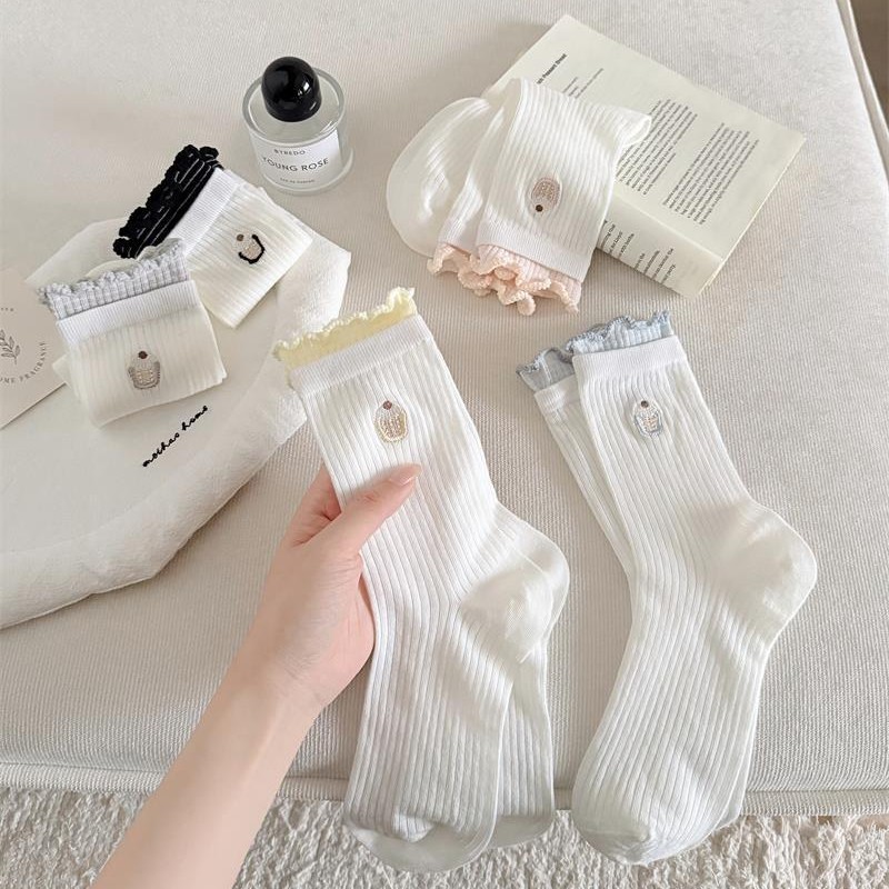 26 Spring New Collection: Korean version white color block, rolled seam, boneless cotton mid-calf women's socks, embroidered cake trendy socks Specification image