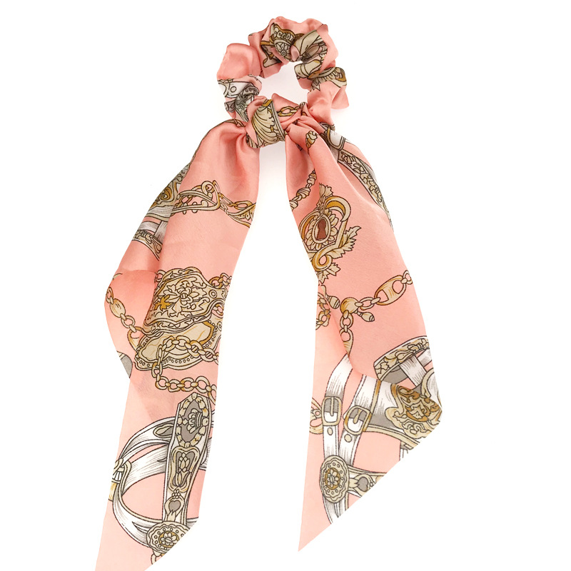 跨境法式花朵飘带大肠发圈布艺链条少女发带头绳扎头发韩版丝巾