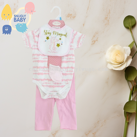 新生儿爬衣哈衣爬服四件套 口水巾裤子袜子套装 印花工厂直销