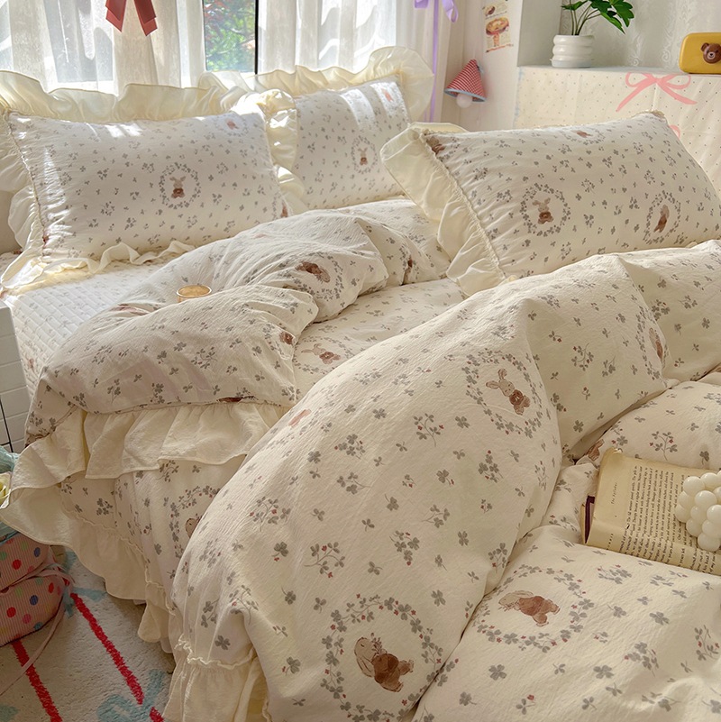 New wrinkled gauze lace duvet cover and bed cover four-piece set, princess style all-season washed cotton checkered double duvet cover