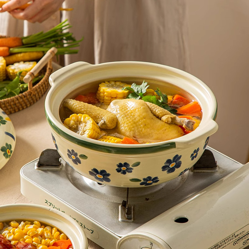 Hand-painted blue cherry blossom clay pot, clay pot for soup, household gas stew pot, Japanese ceramic stew pot, gas stove soup pot