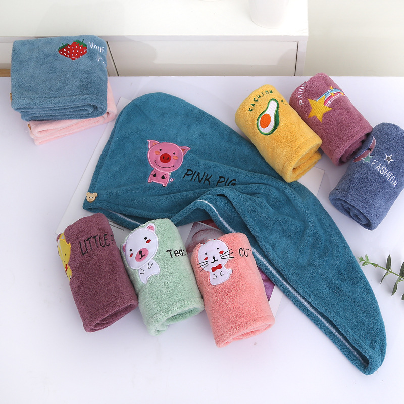 绣花卡通萌宠图案珊瑚绒干发帽洗头干发巾产品图