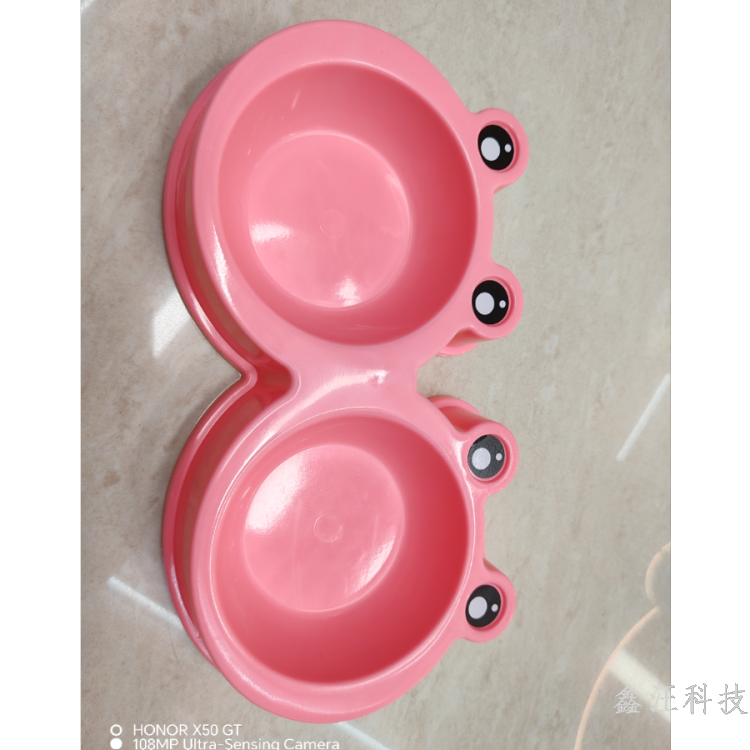 青蛙塑料双碗宠物水食盆不锈钢猫狗宠物双碗宠物用品图