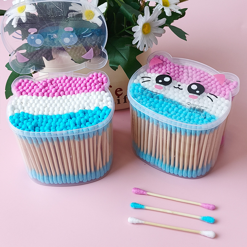 批发便携家用棉签棒小猫图案300支彩色棉签可爱化妆清洁双头棉签