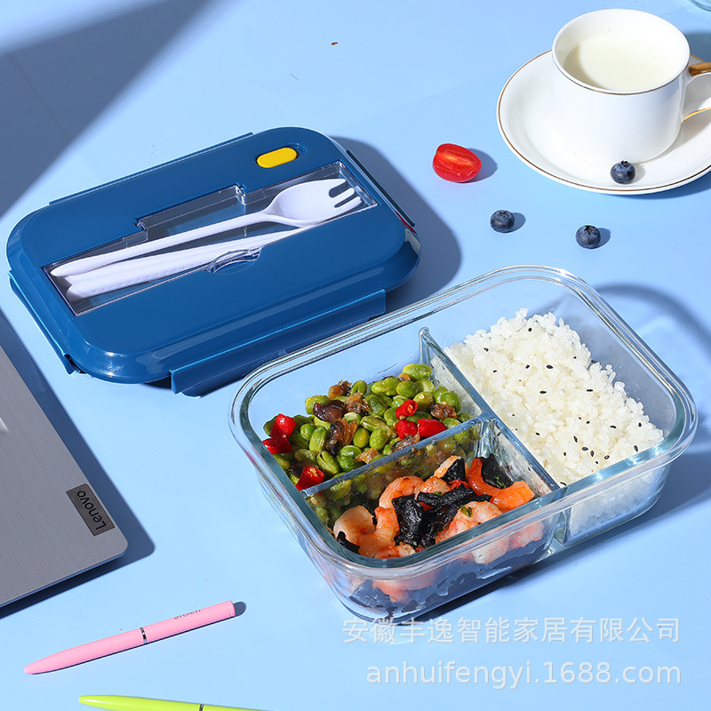 High borosilicate glass food preservation bowl, microwave oven-specific separated household lunch box, rectangular lunch box for students and office workers