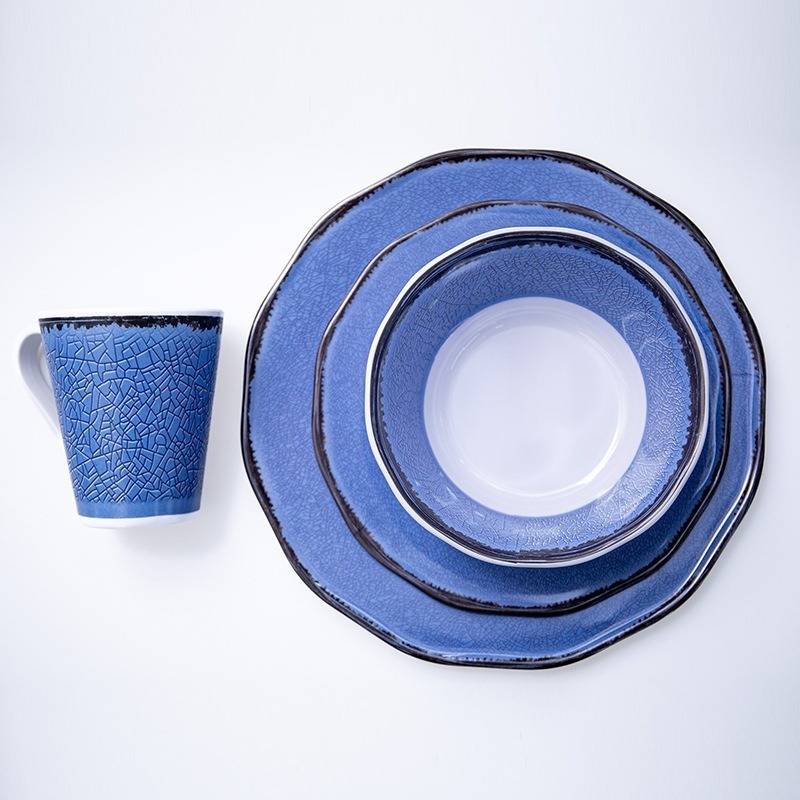 Cross-border premium blue and green ice-crack glazed plate and bowl set, creative imitation porcelain melamine tableware for hotel meals Item Picture