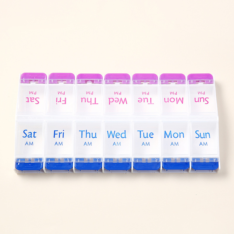 Press spring medicine box, English version, double-row 7-day portable medicine box, double-row 14-compartment medicine box for one week Specification drawing