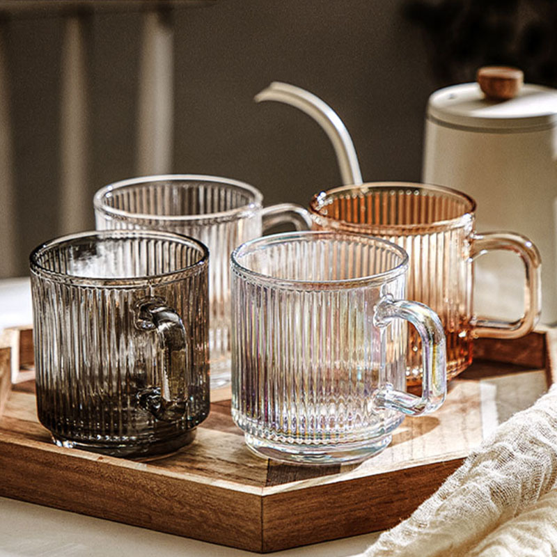Glass cups, ins retro style iced Americano coffee cups, latte vertical striped water cups, cold drink cups, glass mugs