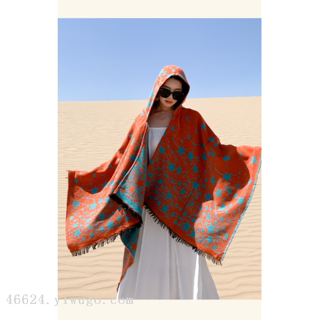 New cross-border scarf wholesale e-commerce live-streaming cape, Star Road with hat slit cape shawl Application Scenario