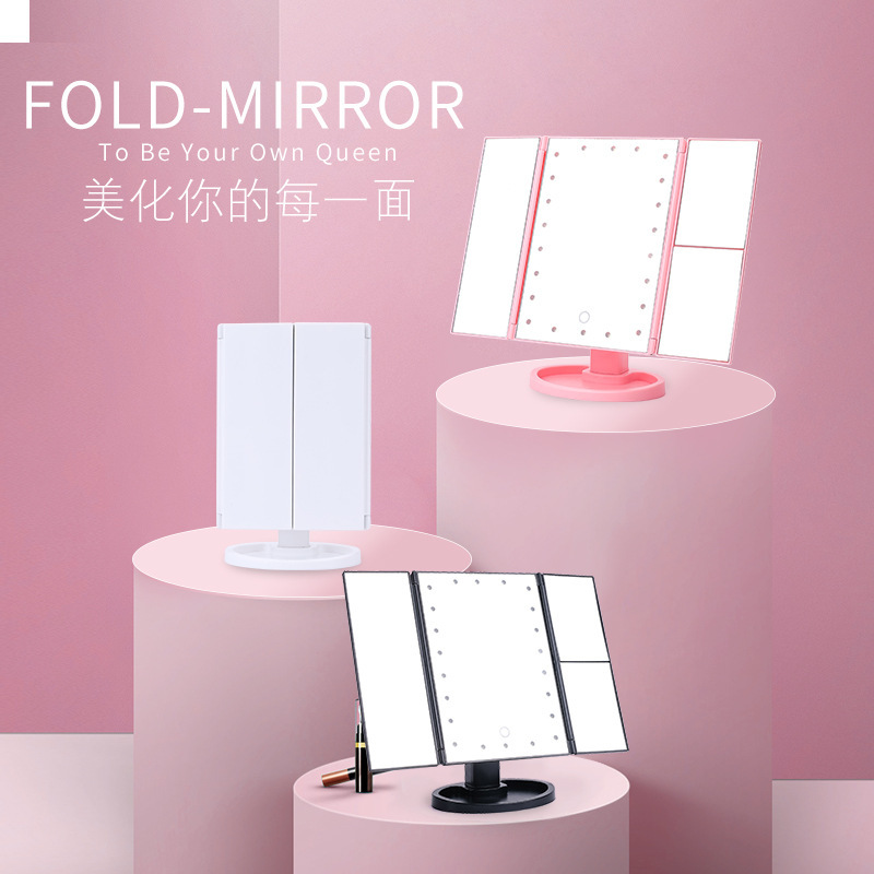 Three-fold makeup mirror with light, enlarged and illuminated led makeup mirror, table-style storage and dressing mirror manufacturer wholesale Specification image