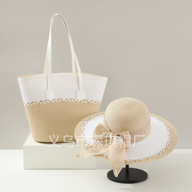 A new cross-border bestseller, a two-piece set of women's summer straw woven bag, beach bag and beach hat, striped wide-brimmed straw hat, single-shoulder tote bag, urban style, casual vacation, foldable women's bag, straw woven artistic beach photo shoot