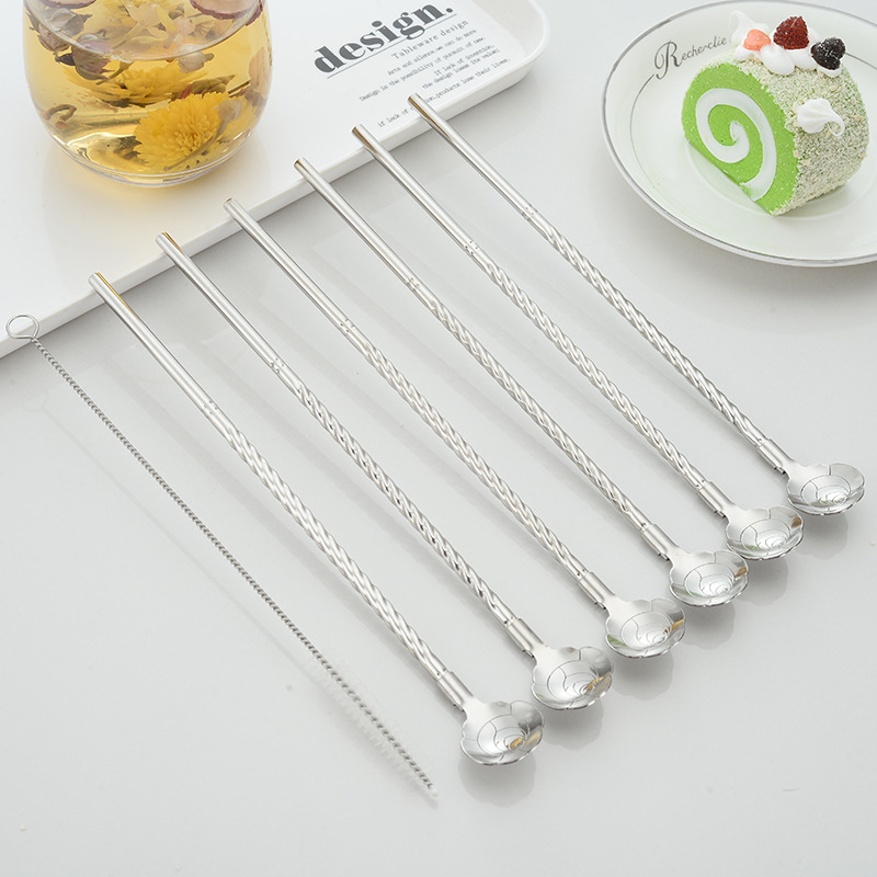 Stainless steel creative flower-shaped straw spoon, summer beverage milk tea stirring straw spoon, dual-purpose wholesale Specification image