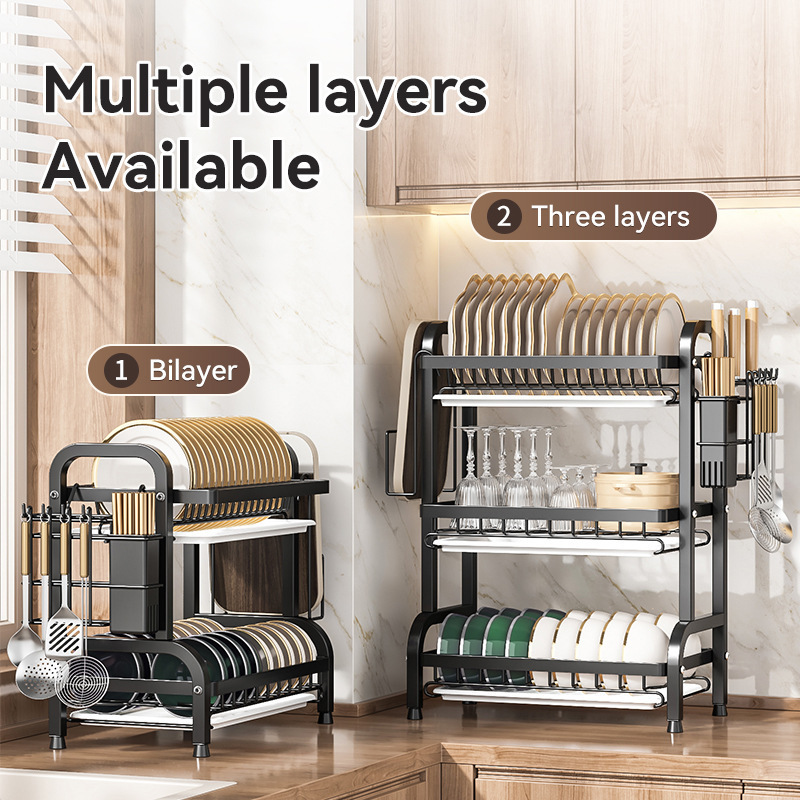 Kitchen storage rack, countertop drain rack, self-draining cabinet, multi-layer storage, dish rack, carbon steel, no installation required
