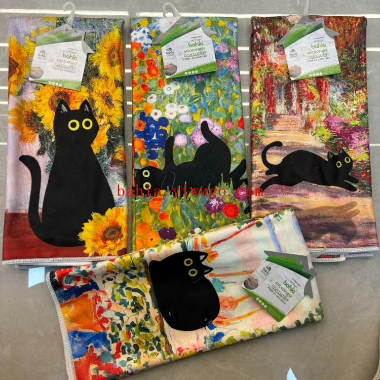 Digital printing cross-border cartoon kitten oil painting style tea towel 45*70cm household cleaning towel table mat