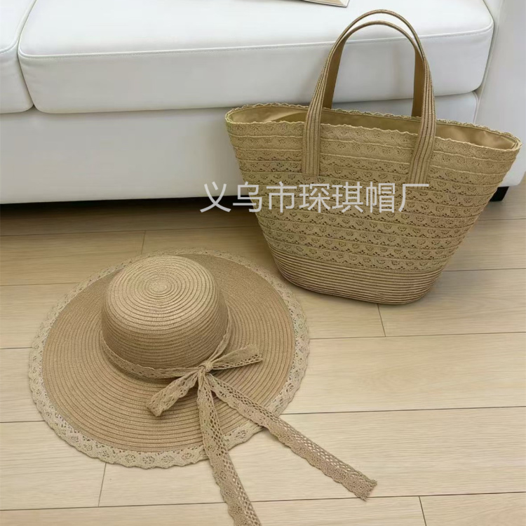 Women's summer new straw woven bag, straw hat set, two-piece set, lace large capacity tote bag, single-shoulder beach bag, beach hat, seaside vacation, outdoor travel, straw hat, lace trim, lace bag Specification image
