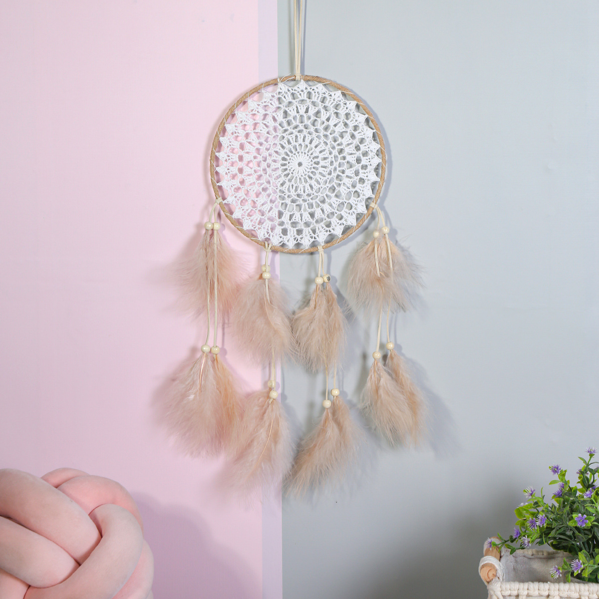Nordic-style brown plush home decoration dreamcatcher pendants, dreamcatcher wind chimes, room decoration hanging ornaments, wall decorations