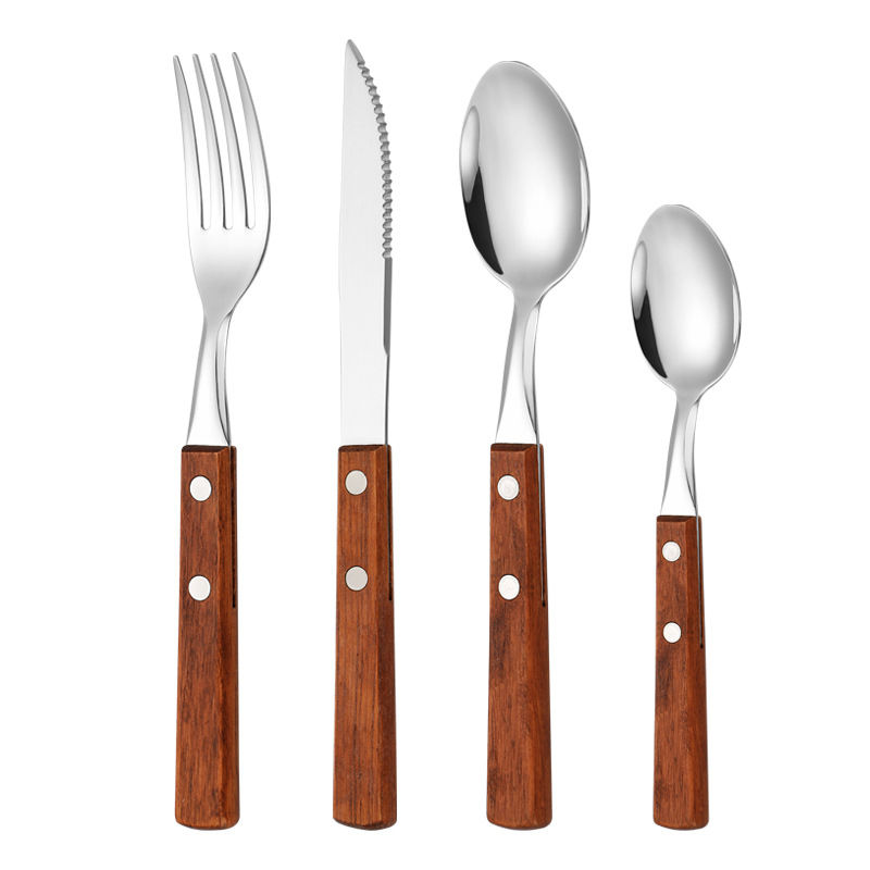 Solid wood 304 stainless steel knife, fork and spoon Japanese-style bright Western tableware, rosewood handle steak knife, fork and spoon four-piece set Application Scenario