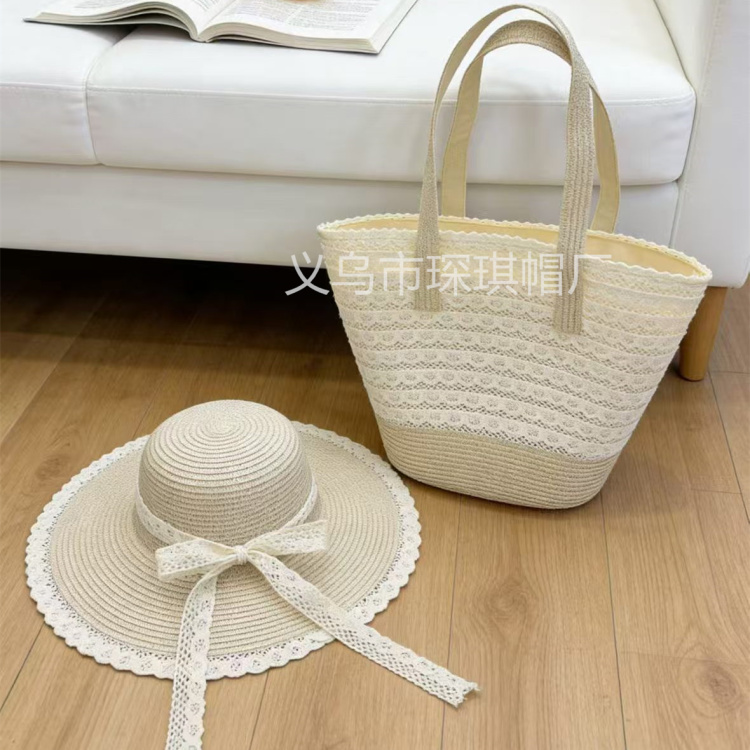 Women's summer new straw woven bag, straw hat set, two-piece set, lace large capacity tote bag, single-shoulder beach bag, beach hat, seaside vacation, outdoor travel, straw hat, lace trim, lace bag