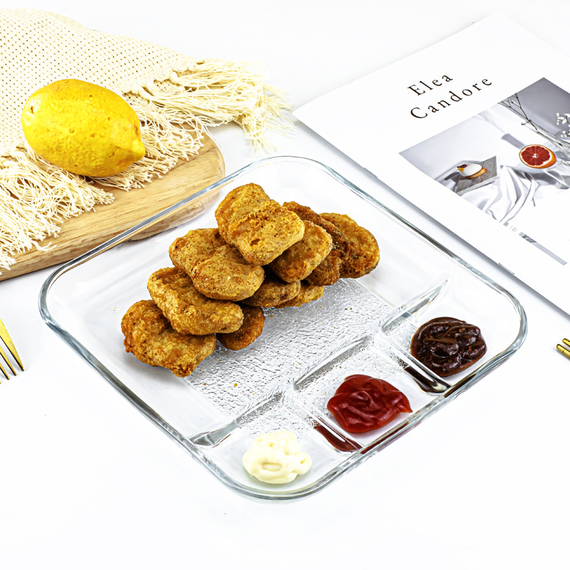 玻璃盘子家用耐热分格餐盘水果早餐盘饺子盘带醋碟微波炉烘焙餐盘