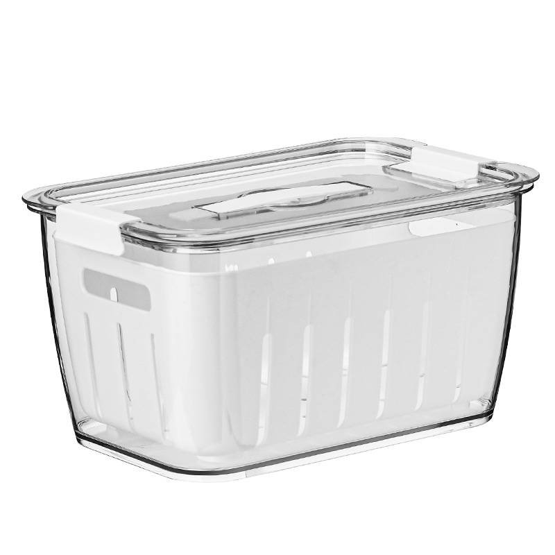 Refrigerator storage box, PET draining basket, kitchen fruit and vegetable storage sealed, food-grade preservation, household vegetable washing basket Item Picture