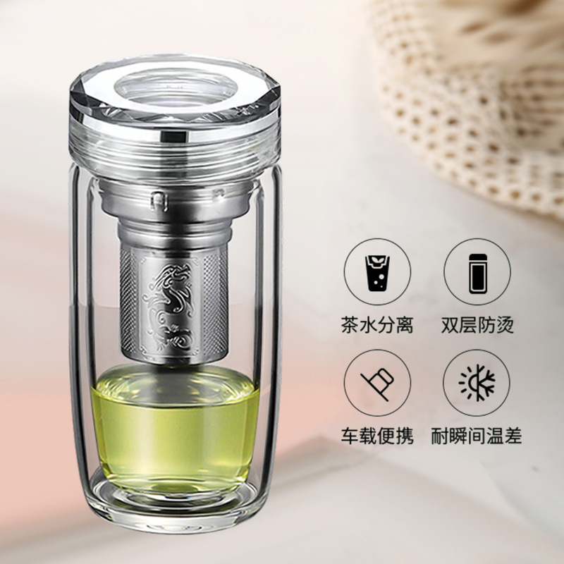 Double-layer thickened heat-insulating tea cup, men's and women's carrying rope portable pocket cup, water cup, crystal tea and water separation details Picture