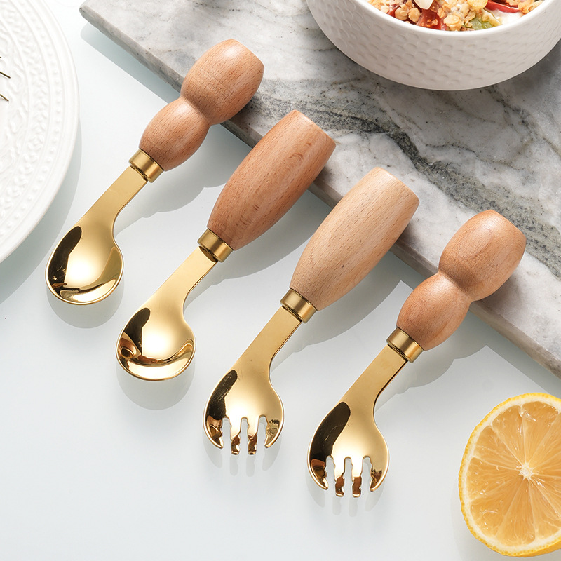 Wooden handle spoons, 316 stainless steel children's spoons, baby self-feeding spoons, baby complementary food curved spoon and fork tableware Specification image