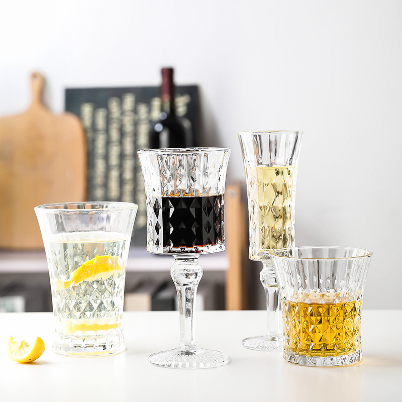 Diamond glass, Ins-style French glass, vintage wine glass, tall glass, household wide-mouthed champagne glass