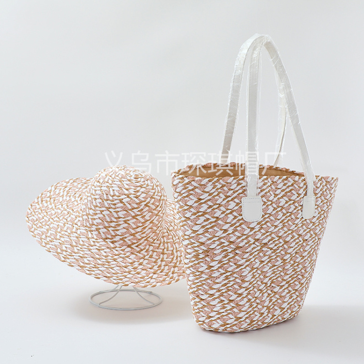New cross-border women's large-capacity straw woven bag, straw hat, two-piece set, beach hat, beach bag, fashionable women's tote bag, foreign trade hat, women's straw woven beach Specification image