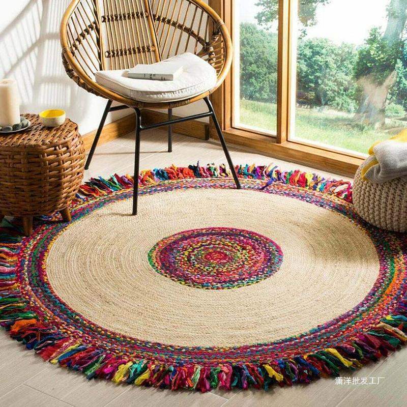 Rainbow-style Indian jute pure cotton mixed woven round tassel carpet, ethnic style ins sofa bedroom floor mat details Picture