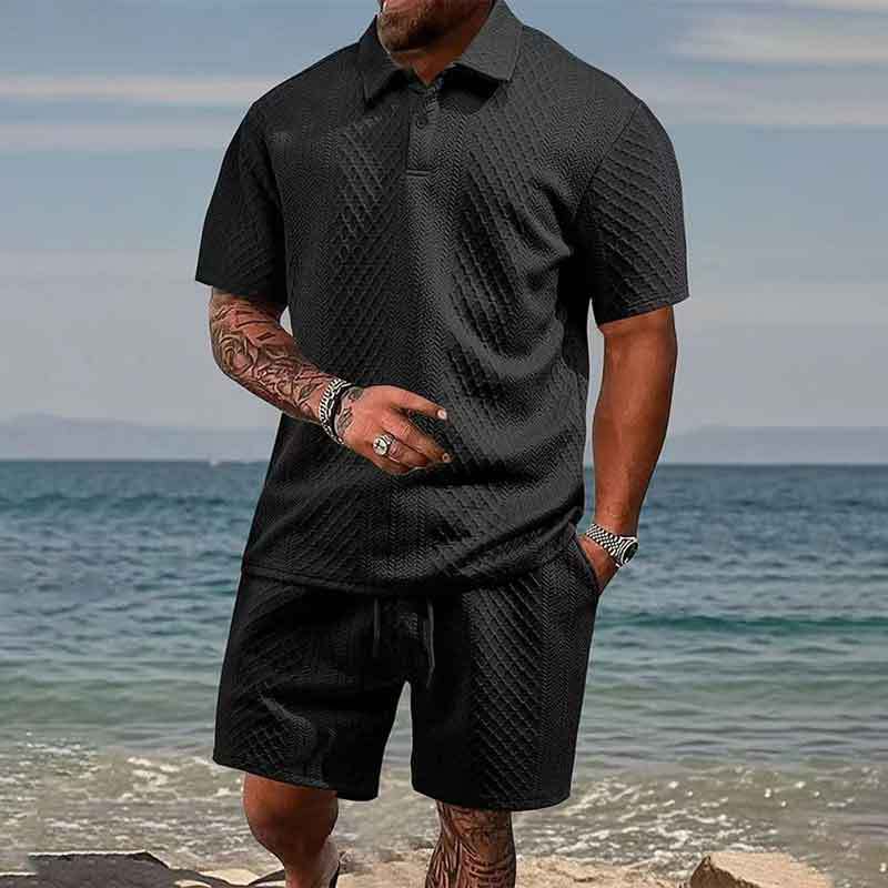 Summer 2026 Cross-border Amazon 3D men's Two-piece Set: Short-sleeved T-shirt, casual lapel polo shirt and shorts details Picture