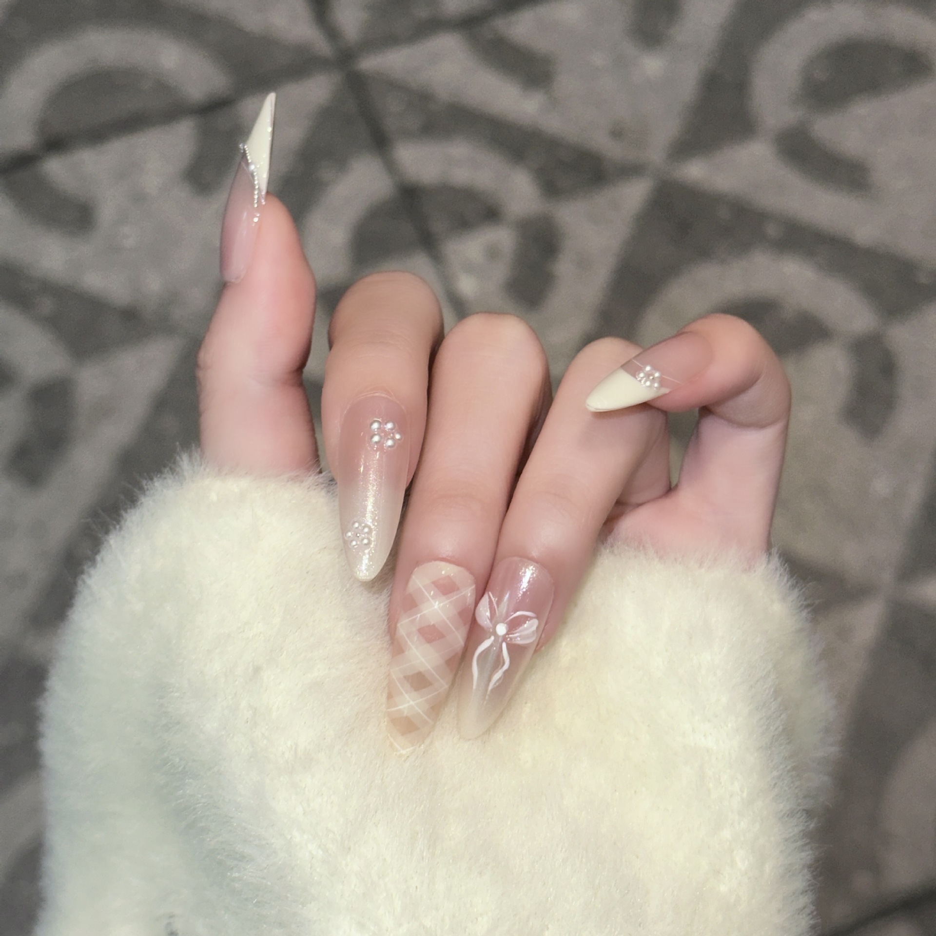 网红爆款气质款美甲穿戴甲手作甜美裸色法式蝴蝶结假指甲贴片批发