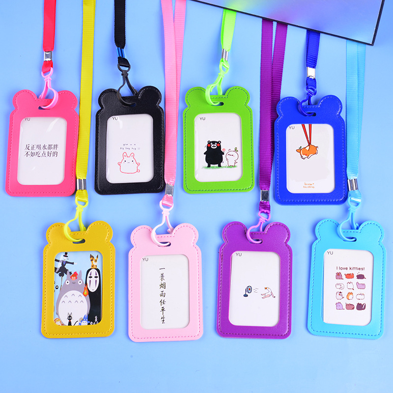 New leather card holder, cute cartoon easy-pull rope buckle, cat ear card, nurse name tag, work certificate, bus card hanging Item Picture